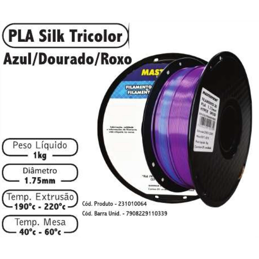 FILAMENTO 3D 1kg – PLA SILK AZUL-DOURADO-ROXO