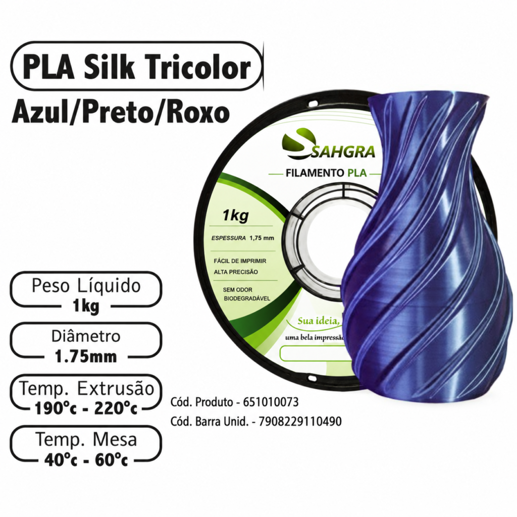FILAMENTO 3D 1kg – PLA SILK AZUL/PRETO/ROXO