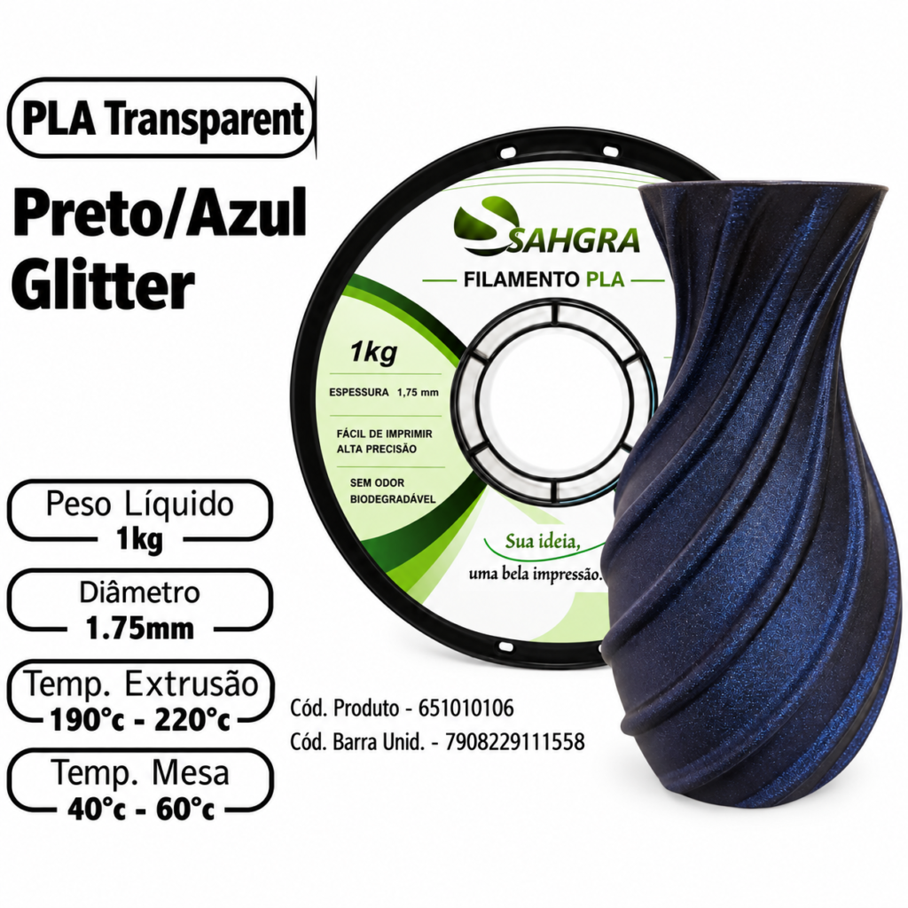 FILAMENTO 3D 1kg – PLA TRANSPARENTE PRETO/AZUL GLITTER